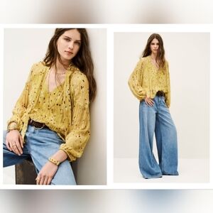 INC International Concepts Yellow Printed Long-Sleeve Blouse